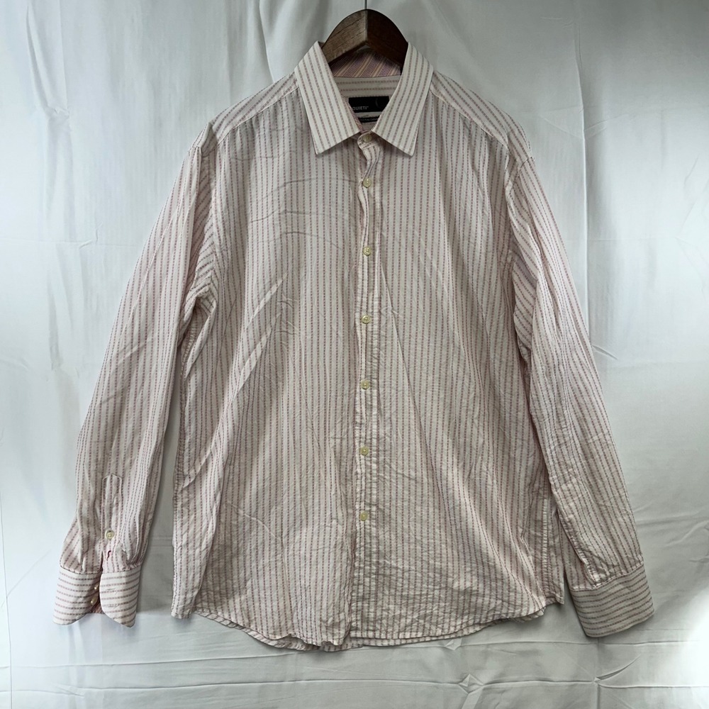 Quieti Button Up Shirt Mens XL Pink White Striped Fine Cotton Long Sleeve